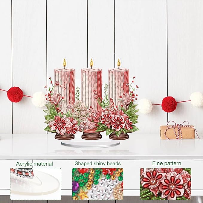 5D DIY Diamond Painting Tabletop Ornament Kits Pink Candle, Christmas Diamond Art Desktop Ornament, Special Shaped Crystal Rhinestone Diamond Art Table Top Home Office Christmas Decor (24x21.3cm)