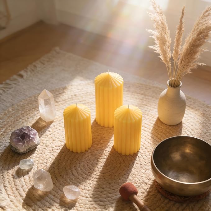 3 Pack Yellow Ribbed Pillar Candles - Soy Wax Unscented, 2.76" x4.2/4.9/5.9 in Smokeless Non Toxic Cotton Wick, Aesthetic Modern Candles for Home Decor, Dinner Table, Living Room, Housewarming Gift