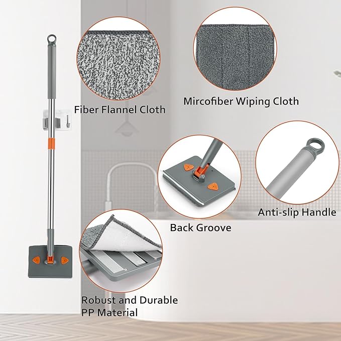 Base Board Cleaner Tool with Handle, 360 Rotating Wall Cleaner Mop, 180 Folding Ceiling Tool Duster with Squeegee for Cleaning Wall, Ceiling, Window, Floor, 8 Replacement Cleaning Pads