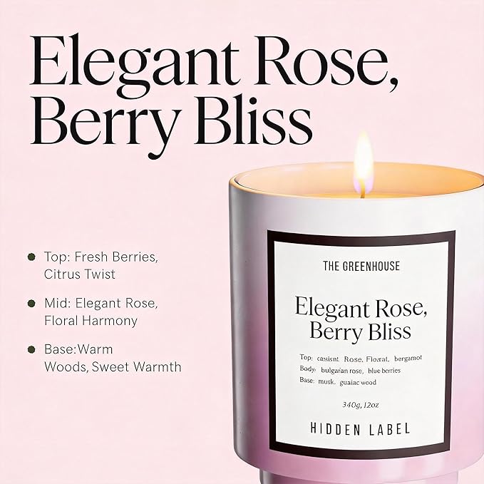 Hidden Label Rose Blackcurrant Soy Candles, 12oz Natural Soy Wax, 75 Hours Long Lasting Clean Burn, Scented Candles Gifts for Women, Valentine's Day, Stress Relief, Meditation, Relaxation