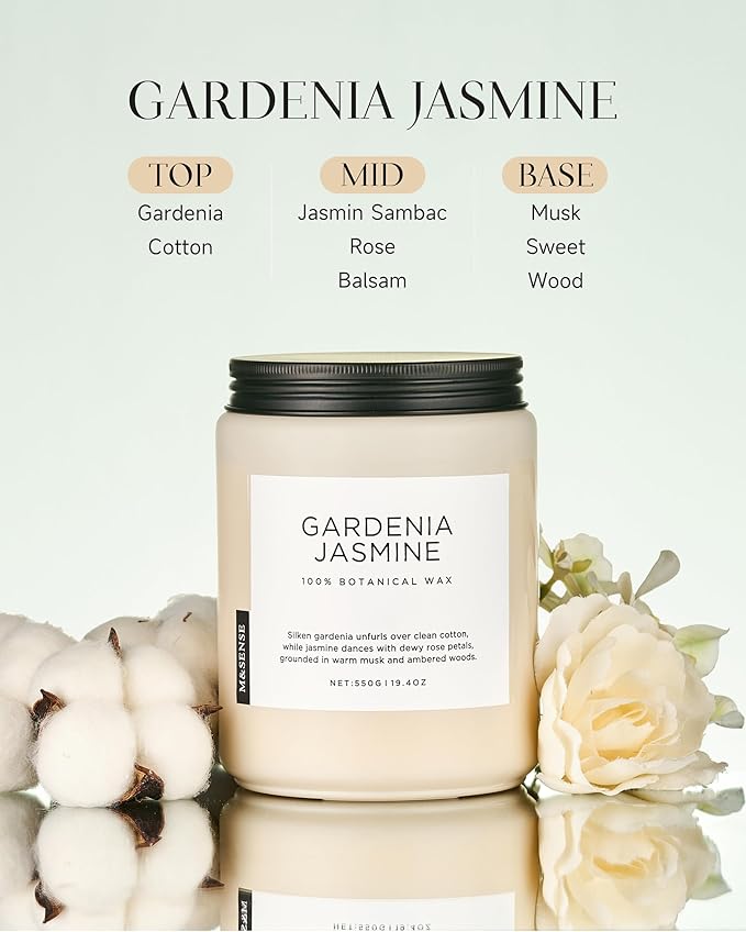 M&SENSE Gardenia Jasmine Scented Candle, 110 Hours Slow Burning Clean Non Toxic 19.4oz 2 Wicks Aromatherapy Candle for Housewarming Gifts, Long Lasting Fragrance for Bath & Office