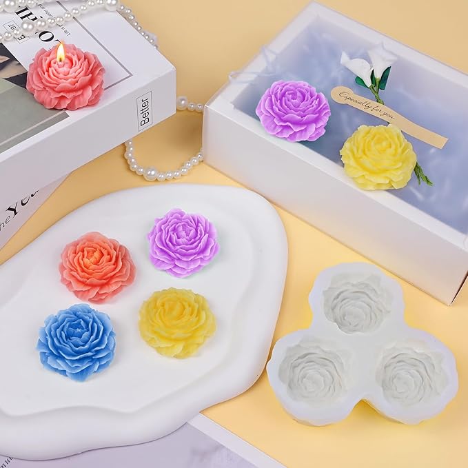 Peony Candle Mold for Candle Making, 3 Cavity Flower Silicone Molds for Epoxy Resin Wax Soap Clay Plaster Tealight Candles Crafts Casting Home Décor Handmade Gifts