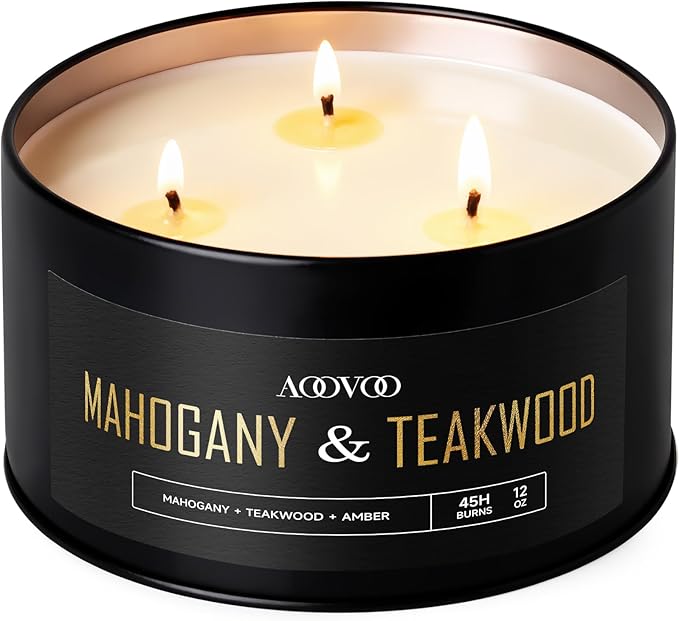 AOOVOO Mahogany Teakwood Candles for Men - 3 Wick 12oz Large Scented Candle, Long Lasting Soy Candles for Home Scented, Strong Fragranced Masculine Black Candle Gift for Women & Men