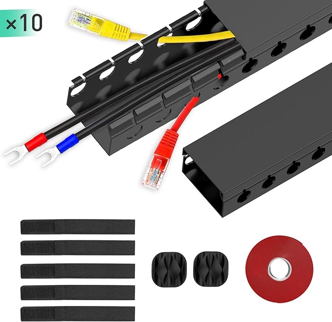 ENONCI Updated Cable Raceway Kit - 154 (10x15.4) Inch Open Slot Wire Covers for Cords, Under Desk Cable Management System to Hide Under Desk/Tv/Computer/Net/Power Cords, (Pack 10)