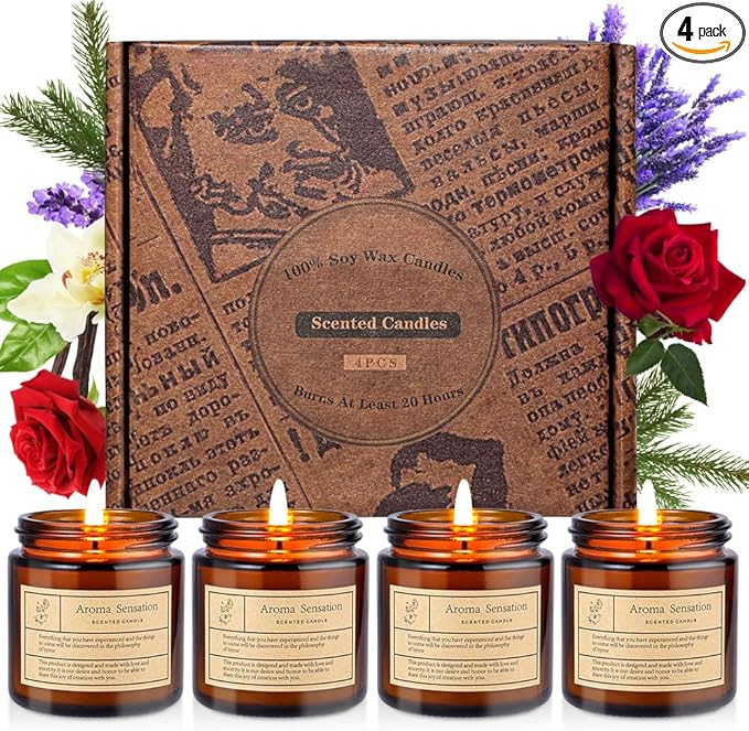 4 Pack Lavender Candles for Home Scented,Amber Jar Aromatherapy Candle Gifts for Women,Scented Candles Set for Mother's Day Christmas Valentine Thanksgiving Brithday Gifts,Soy Wax Candle Set