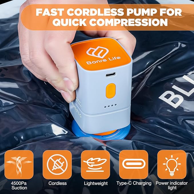 Travel Vacuum Storage Bags with Compact Cordless Pump, 15-Pack Space Saver Vacuum Seal Bags for Clothing & Luggage, Reusable Compression Bags in 3 Carry-On Sizes