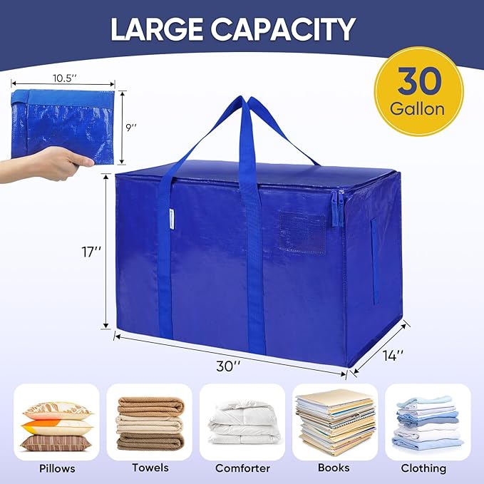 TICONN 12 Pack Extra Large Moving Bags with Zippers & Carrying Handles, Heavy-Duty Storage Tote Moving Boxes for Space Saving (12 PK, 30 Gallon)