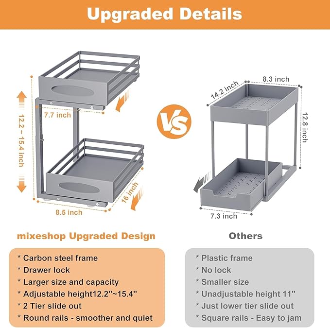 Under Sink Organizer, 2 Tier Under Sink Organizers and Storage, Adjustable Height, Slide out Metal Cabinet Organizers, Pull out Cabinet Storage Drawer Shelf for Kitchen Bathroom (Gray, 2 Pack)