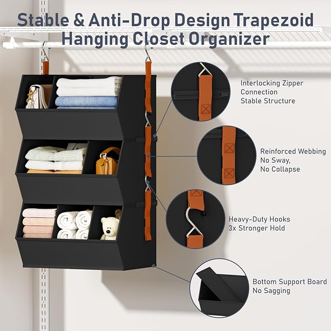 Hanging Closet Organizer Extra Large, Clothes Hanging Shelves for Closet with Divider, Collapsible Closet Storage System, Fabric Storage Bins for Home, Dorm, Rv, Sweaters, Handbags, Underwear, Sock