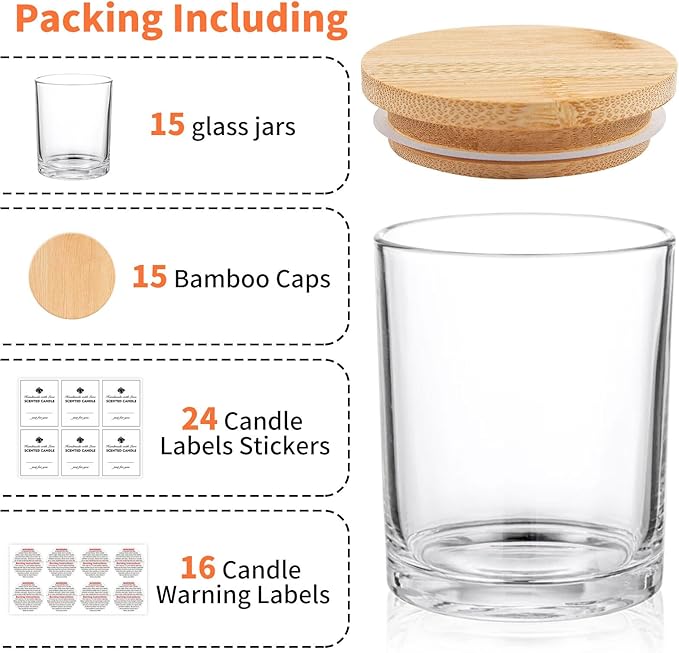 SUPMIND 15 Pack Glass Candle Jars, 7oz Clear Candle Containers with Bamboo Lids and Labels, Empty Candle Jars for Making Candles - Dishwasher Safe, 7 fl.oz