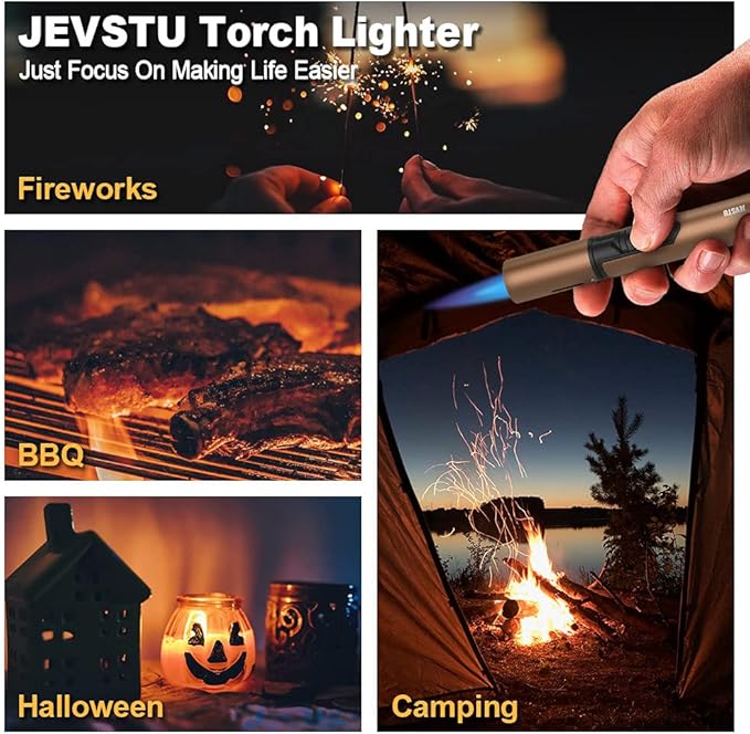 Butane Lighter, Torch with Fuel Level Window, Adjustable Fire Jet Lighter for Fireplace, Windproof Pen for Candle BBQ, Brown, Fluid not Included