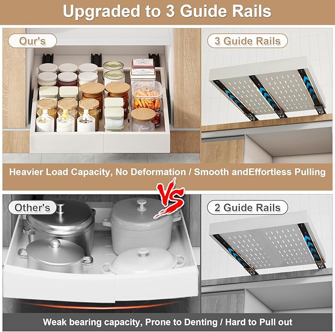 Pull out Cabinet Organizer,Width (14"-21") and Depth (17"-24") Expandable With 3 Rails,No Drill Adjustable Slide out Drawers for Kitchen,Pantry,Adhesive Roll out Shelves,for Cabinets Without Lip,White