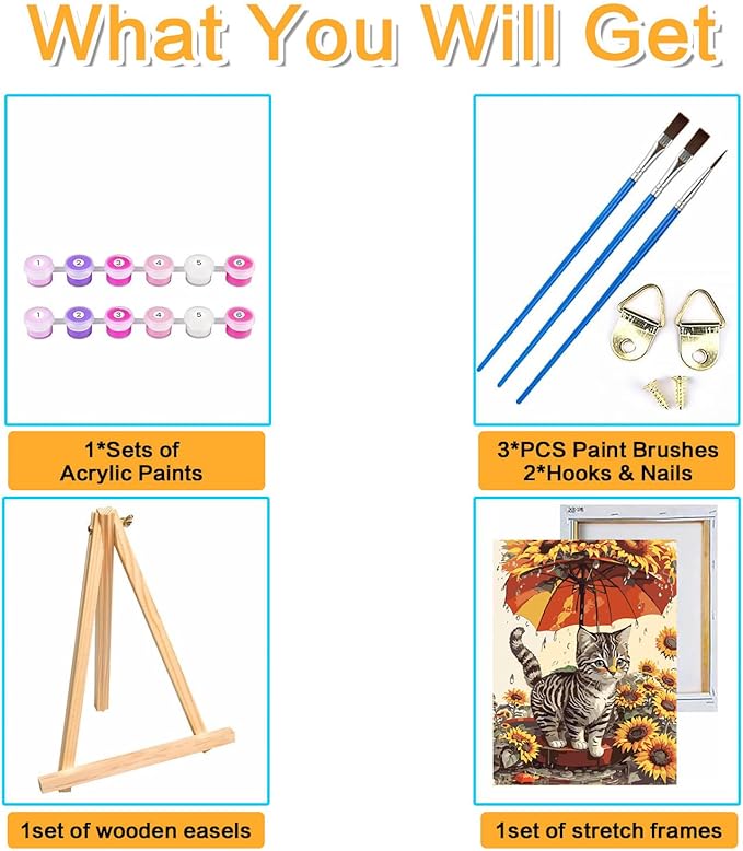 Meothan Framed Paint by Numbers Kits for Adults, Cat Paint by Numbers for Adults Beginners, Sunflower Paint by Numbers Kits on Canvas with Framed for Home Wall Decor 12x16inch (with Easel)