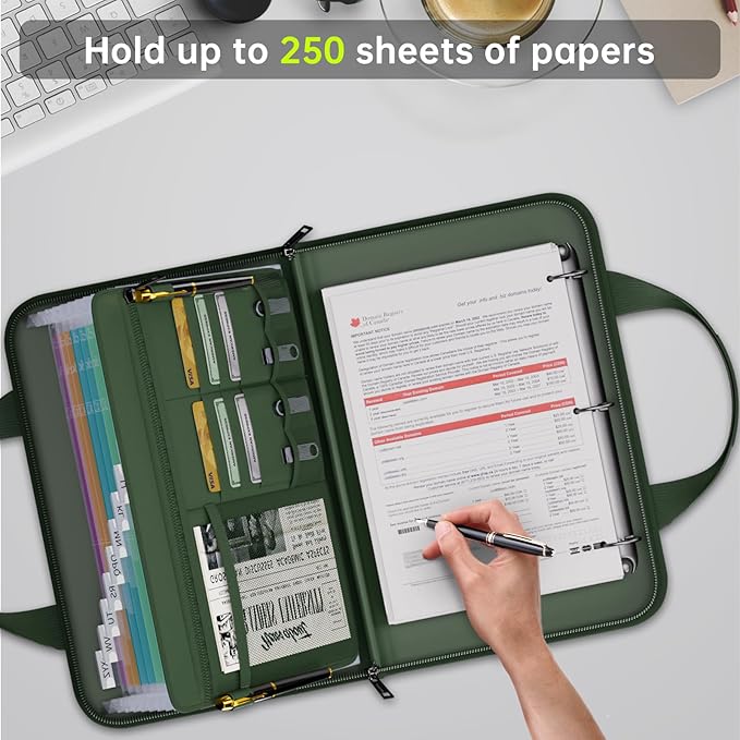 Fireproof Accordion File Organizer with Handle, 13 Pocket Expanding File Folder with Zipper & Labels, File Folder with 3 Ring Binder, Multi Pockets Paper Organizer Folder for Letter A4 Files (Green)