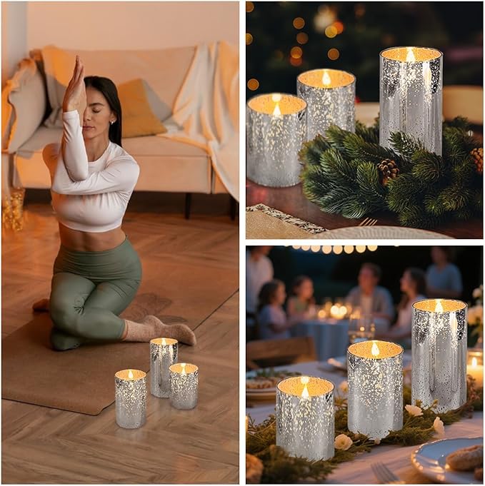 Rechargeable Flameless Candle, Flickering LED Pillar Glass Fake Candle with Remote and Timer, Built-in Battery Real Wax Electronic Candle for Room Decoration, Set of 3