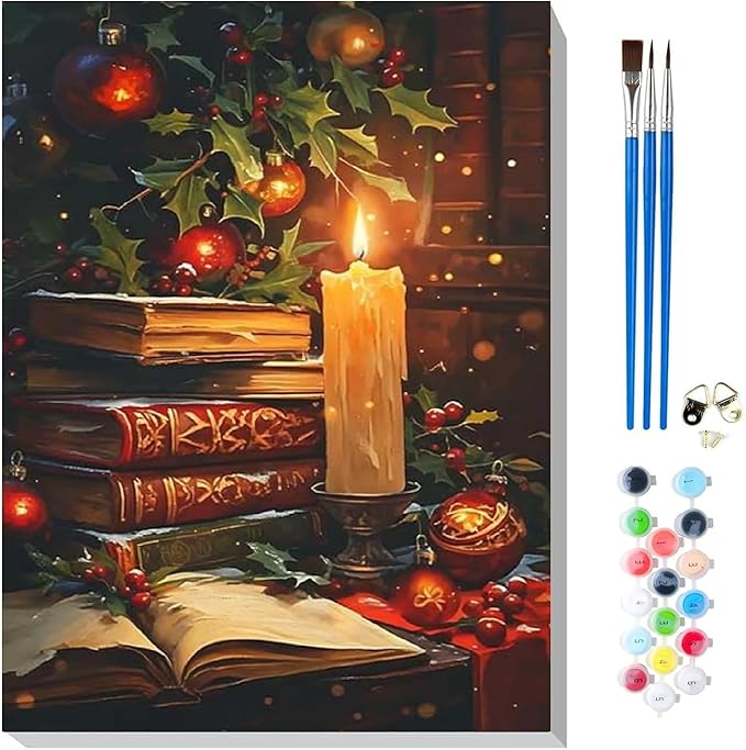 TCDZMYGS Christmas Paint by Numbers Kit for Adults Beginner,Books Candle Paint by Number Kits Without Frame,DIY Acrylic Oil Painting by Numbers for Home Wall Decor 11.8 x 15.7 inch