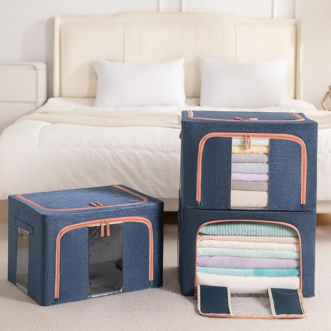 GuliPostan 100L Stackable Clothes Storage Bins with Metal Frame Handles & Zipper, Collapsible Closet Organizer Box with Lid for Bedding Blankets Towel (Navy,1 pack)