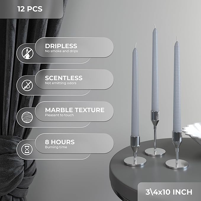 Candwax 10 inch Tapered Candles Set of 12 - Dripless and Unscented Candlesticks - Perfect as Dinner and Household - Light Gray