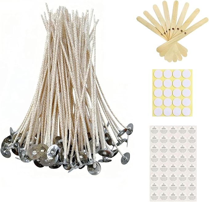 100 pcs 6" ECO Candle Wicks for Candle Making Coated with Natural Soy Wax, Low Smoke Cotton Threads Woven with Paper with 20 pcs Candles Wicks Stickers & Wicks Centering Device