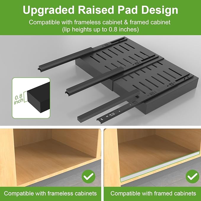 ANTOWIN 2-Pack Expandable Pull Out Cabinet Organizer 21"Deep(12.2"-20.5"W), 3 Full Extension Glides Slide Out Drawers, Roll Out Shelves Adhesive Raising Pad,Compatible Framed Cabinets,90lb Cap,Black