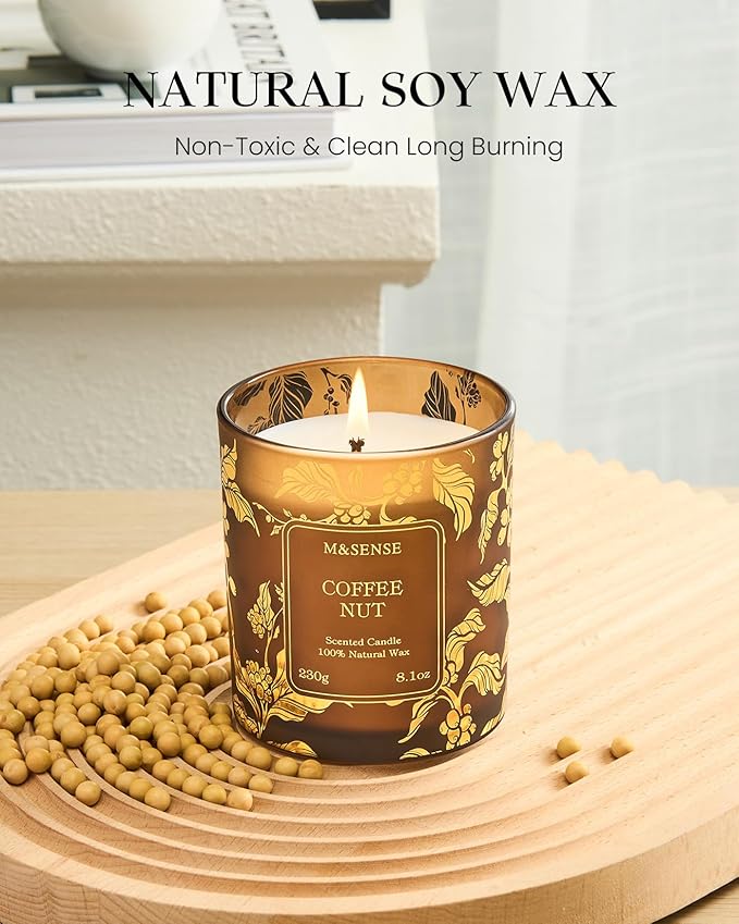 M&SENSE Coffee Nut Scented Vegan Soy Candles, No Toxin Naturally Scented, 8.1oz 42-Hour Long Burning, Relaxing Home & Office Fragrance, Calming Gifts for Coffee Lovers