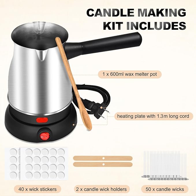 POLYHNIA Candle Making Kit with Wax Melter,Electric Candle Wax Melter for Candle Making, Stainless Steel Wax Melting Pot, 52IN Power Cord,Candle Making Supplies (New Model)