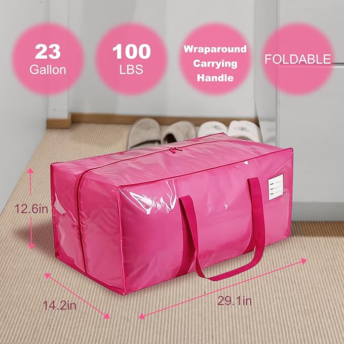 Extra Large Storage Bags, 23 Gallon Capacity, Pink Waterproof Moving Totes with Handles and Label Pocket, Heavy Duty Zipper (2, Jelly Pink)
