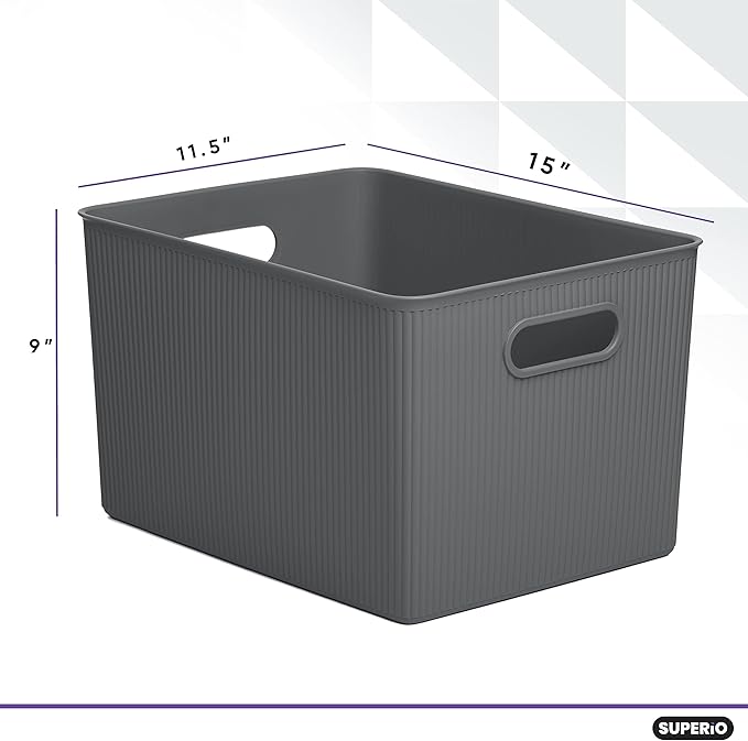 Superio Ribbed Collection - Decorative Plastic Basket Open Home Storage Bins Organizer, X-Large Grey (2 Pack) Container Boxes for Organizing Closet Storage Bins for Shelves 22 Liter/23 Quart