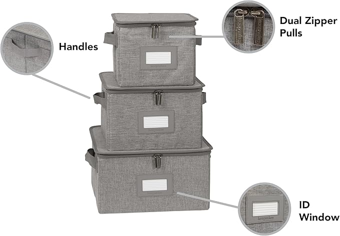 Covermates Dish Storage Box Set – China & Dinner Plate Storage Containers with Felt Dividers, Dual Zippers, Reinforced Handles, ID Window & Stackable Design, Grey Heather