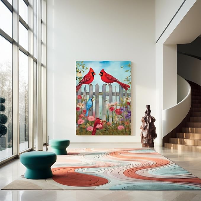 GUAIEUW Fence Red Bird Flowers Diamond Painting Kit for Adults, Full Round Diamond Cardinal Bird 5D Diamond Painting DIY Art Crafts for Winter Home Wall Decor Holiday Gift 16x20 Inch