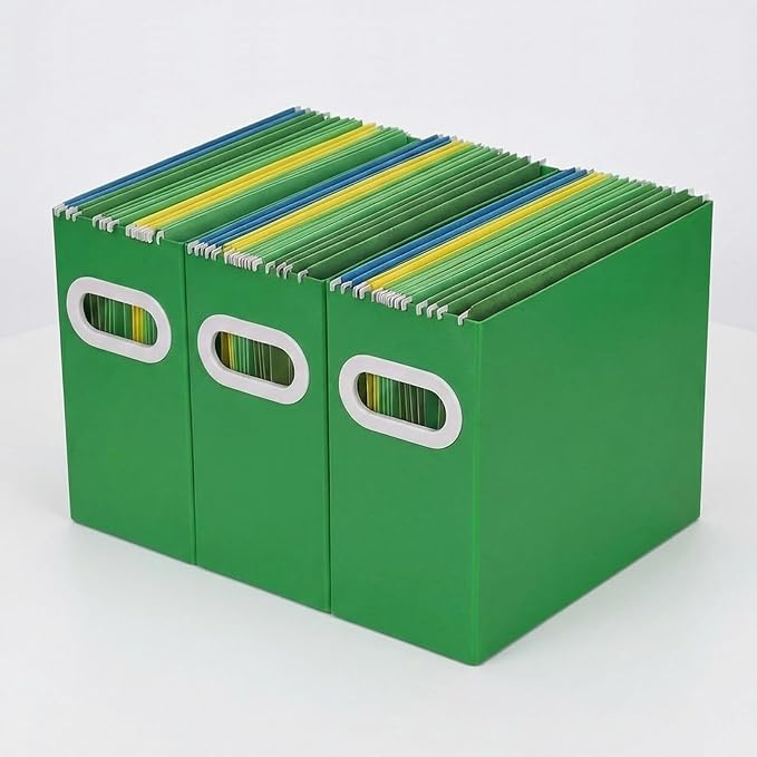 Hanging File Organizer Box, 3 Pack Green Cardboard File Folder Holder for Letter Size, Portable Desk Document Storage with Handles, for Office,Home,School
