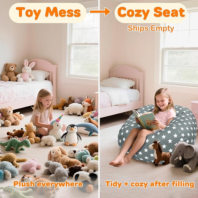 Lukeight Stuffed Animals Storage Bean Bag Chair Cover Only (Ships Empty, No Filling) - Velvet YKK Zipper Beanbag Cover for Toddlers and Kids, Washable Plush Toy Organizer, Large 27" D x 16" H