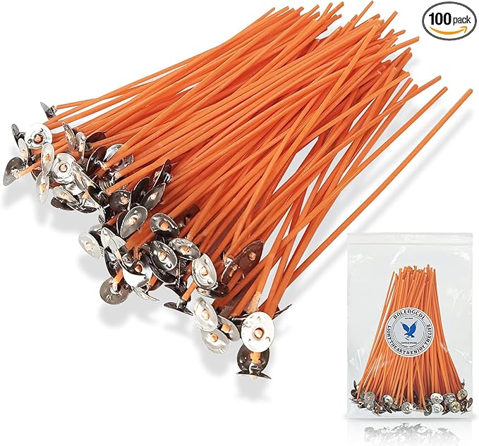 6-Inch Orange Cotton Candle Wicks 100-Pack - Pre-Waxed with Tabs for DIY Candle Making - Premium Candle Wick Supplies