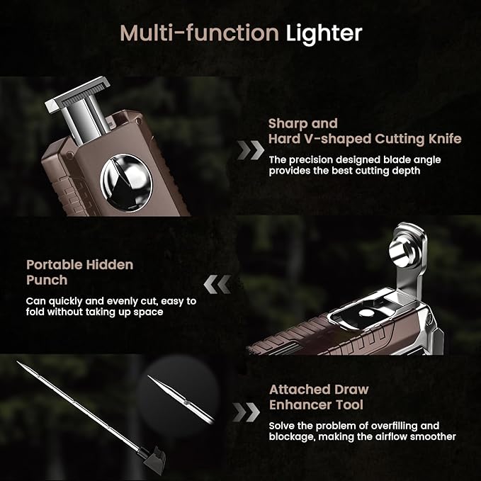 5-in-1 Torch Lighter with Triple Jet Flame, Built-in Tool, Punch, Holder, and Draw Enhancer Tool, Windproof Cool Lighters with Gift Box for Men, Refillable Butane Lighter for Candle, Travel