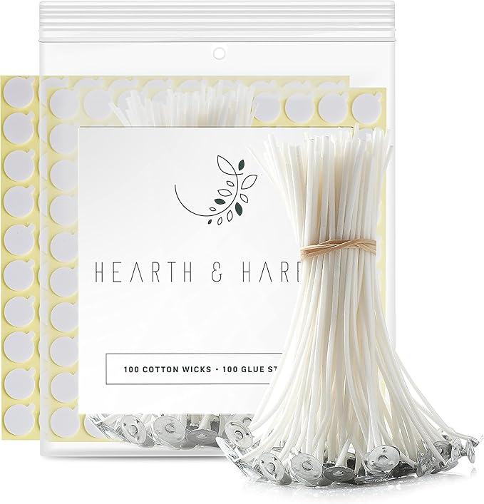 Hearth & Harbor Candle Wicks and Adhesive Candle Wick Stickers, 100 x 6-Inch Cotton Wicks + 100 Double-Sided Heat Resistant Candle Stickers