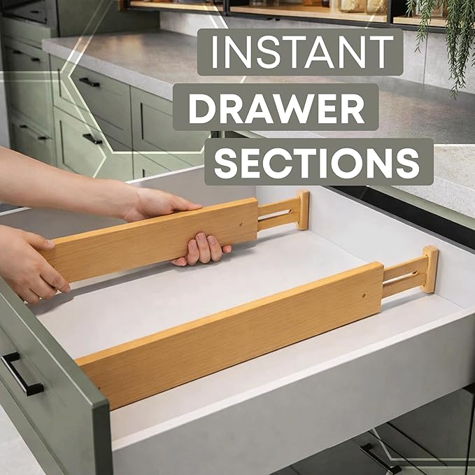 Adjustable Drawer Dividers 4 Pack, 17.5 to 22 inch Length, 2.4" Height – Expandable Bamboo Kitchen Drawer Organizers, Spring Loaded Wooden Drawer Separators for Dresser, Cabinets & Bedroom