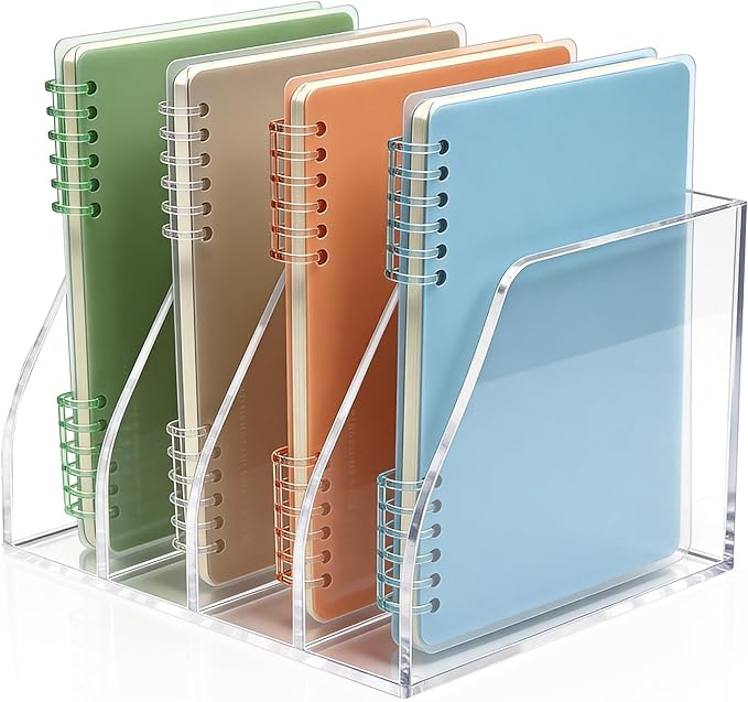 Acrylic Magazine File Holder, 4 Vertical Compartments Desk Document Sorter Organizer, Clear Folder Rack Binder for Office, Documents, Tablets, Magazines, Books – Home/Classroom Rack