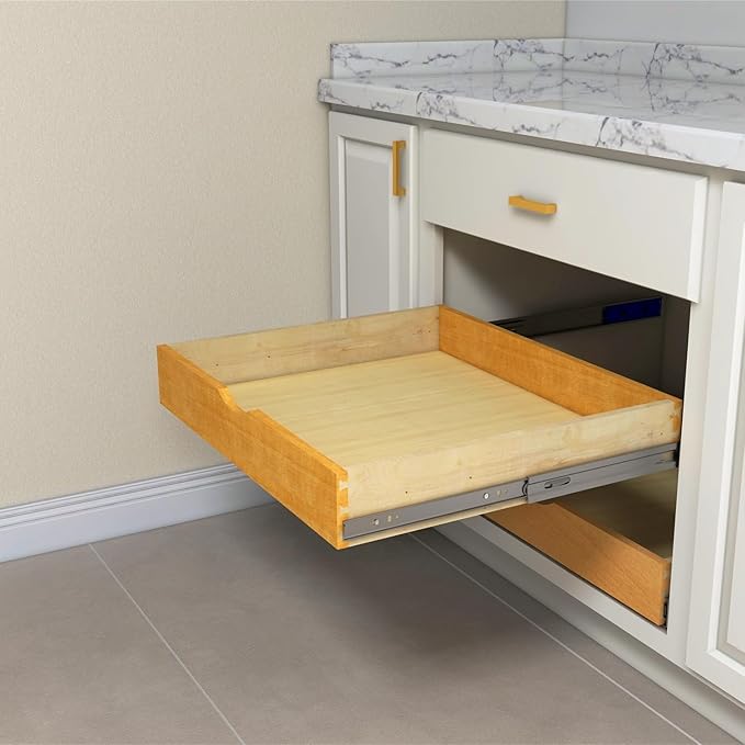 Solid Wood Pull Out Drawer 27" W × 21" D for Kitchen Cabinets, Roll Out Tray with Full Extension Slides, Natural Wood, DIY Assembly