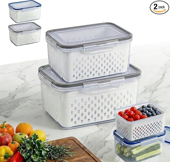4 in 1 Food Storage Container, Berry Containers For Fridge & Veggie Tray With Lid For Fridge. Airtight Stackable Fruit Bowl With Removable Draining Colander, Premium Kitchen Camper RV Organization