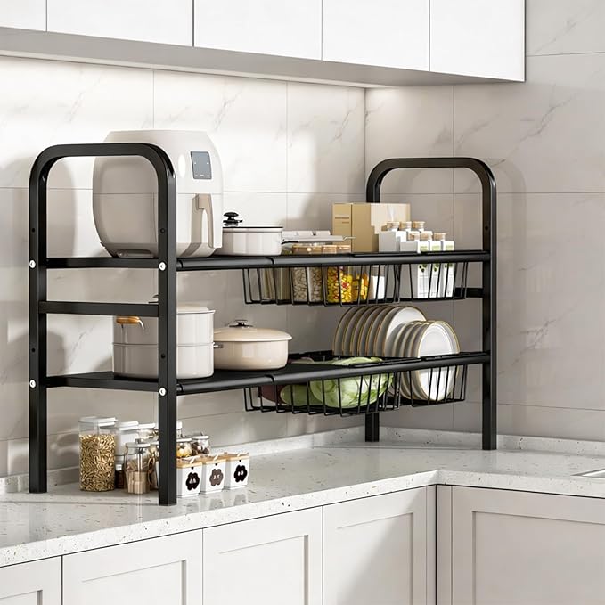 Under Sink Organizers – Expandable 2 Tier Under Cabinet Storage Rack with Adjustable Shelves, 4 Baskets & Panels, Heavy Duty Metal, Fits Around Pipes for Kitchen & Bathroom (Black)