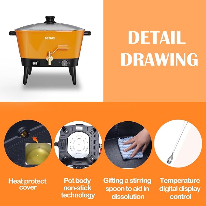 VOISEN Wax Melter for Candle Making, 8Qts Candle Wax Melting Pot with Spout for Soy Wax Soap Base, Electric Wax Melter for Candle Making with Temp Control, Easy Pour,Non-Stick(Orange)