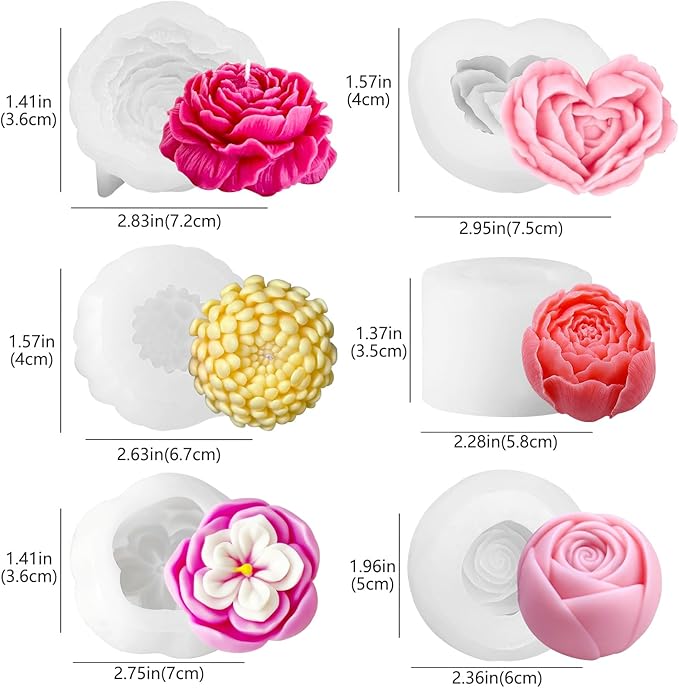 6 PCS Flower Candle Resin Molds Silicone Flower Mold,3D Heart Rose Silicone Mold for Candle Soap Chocolate Making Valentine Mother Day Silicone Mold Rosas Silicona para Velas