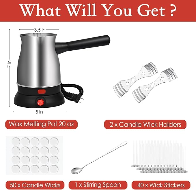 TOKPELA Wax Melter for Candle Making, Stainless Steel Electric Candle Wax Melter, Double Pouring Spout Candle Wax Melting Pot with 51IN Cord and Hot Plate, Candle Making Pot Kit for Beginners
