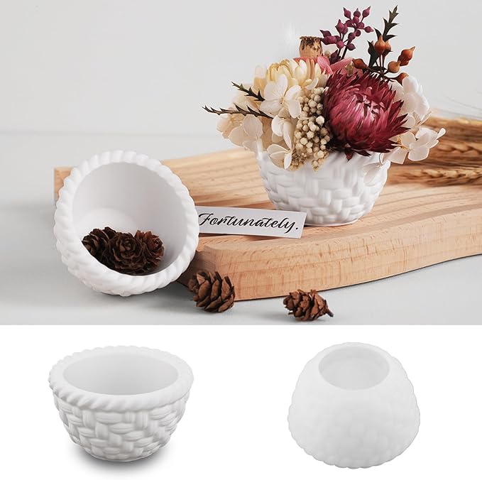 1 Pc Woven Flower Basket Resin Casting Silicone Mold Flower Pot Vase Epoxy Mold for Plaster Cement Concrete DIY Jewelry Small Ornament Trays Party Favors Home Decorations Candle Making