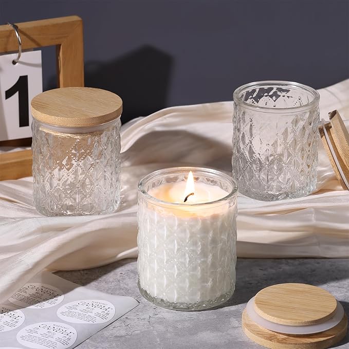 NITIME 15pcs 7.5oz Candle jars for Making Candles, Clear Glass Candle Vessels With Bamboo Lids and Sticky Labels, Containers and Candle Making Supplies