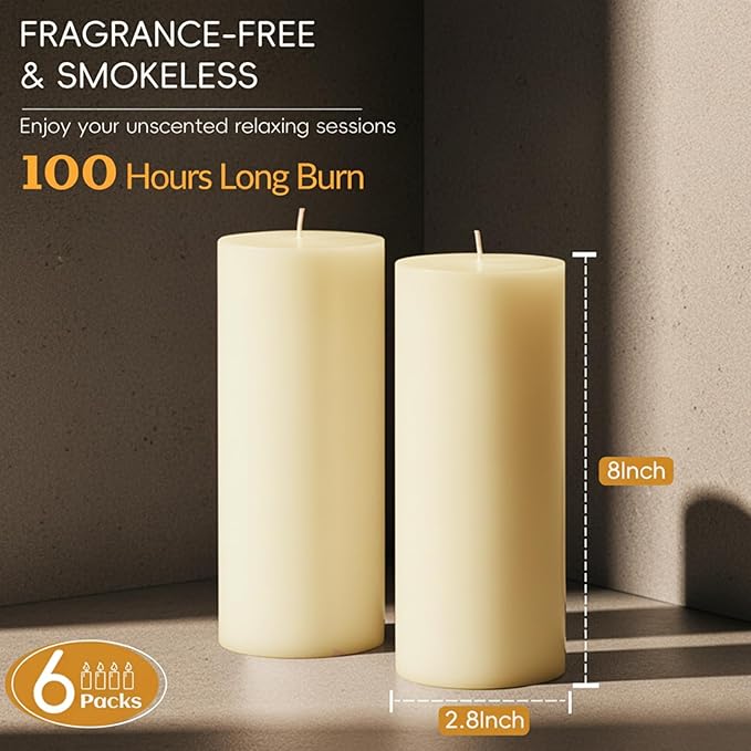 2.8x8 Inch 100 Hours Ivory Pillar Candles, 6 Pack, Long Burning Unscented Tall Pillar Candles, Large Candle for Holiday Decor, Home Decor, Emergency and Events,Dripless & Smokeless