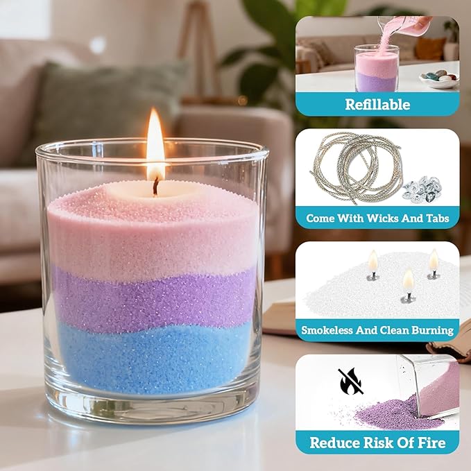 Sukh Candle Sand and Wicks - 430G(0.94lb) Sand Candles with Wicks Green, White, Pink, Blue, Purple Refillable Candle for Weddings, Parties