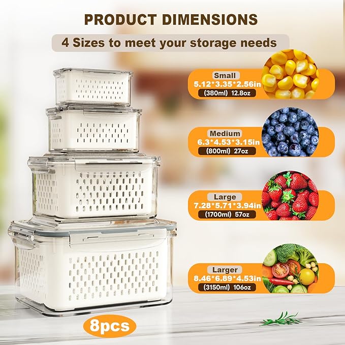 8 Pcs Fruit Storage Containers for Fridge (with Drain Basket) - Leak-Proof Food Containers, BPA-Free, Keep Fruits, Vegetables, Berries, and Meats Fresh for a Long Time, Dishwasher and Microwave Safe