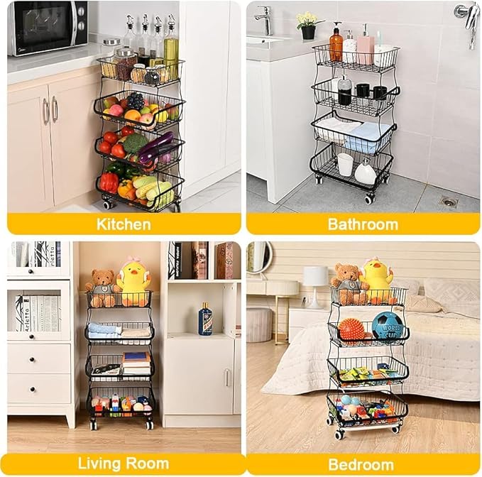 Miyawell Fruit Vegetable Storage Basket, 4 Tier Stackable Metal Wire Storage Baskets with Wheels, Fruit Vegetable Produce Basket Organizer Bins for Kitchen, Pantry, Bathroom