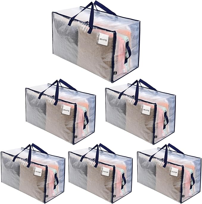 VENO 6 Pack Clear Extra Large Moving Bags & Storage Totes, Heavy Duty Organizer with Reinforced Handles & Strong Zippers for Clothes, College Dorm Essentials, Moving Supplies
